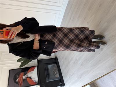 Beli Gizli Lastikli Siyah & Bej Ekoseli Tok Saten Etek