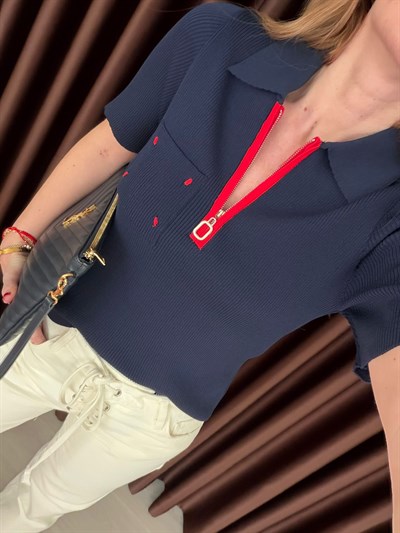 Polo Yaka , Fermuarlı , Premium Lacivert Triko