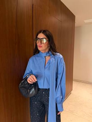 Şal Yakalı , %100 Cotton , Bebe Mavisi Tasarım Gömlek