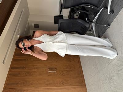 Boyundan Bağlamalı , Premium , Ekru , Pamuk Keten Takım