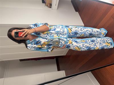 Limon & Mavili Desenli Özel Kumaş Gömlek Palazzo Takım