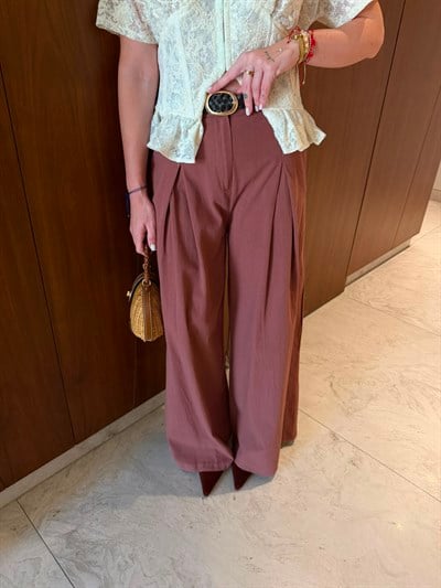 Deri Kemerli , %100 Cotton , Kiremit Palazzo Pantolon