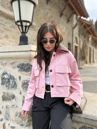 Orijinal Model , Bordo Deri Yakalı, Pembe Ceket