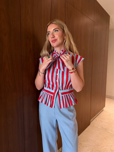 Orijinal Model , Kırmızı & Mavi Çizgili , Fularlı Gömlek