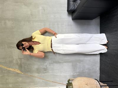 Hasır Kemerli , Beyaz , Premium Keten , Palazzo