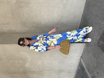 Beli Lastikli , Mavi Çiçek Desenli , Kasımpatı Elbise