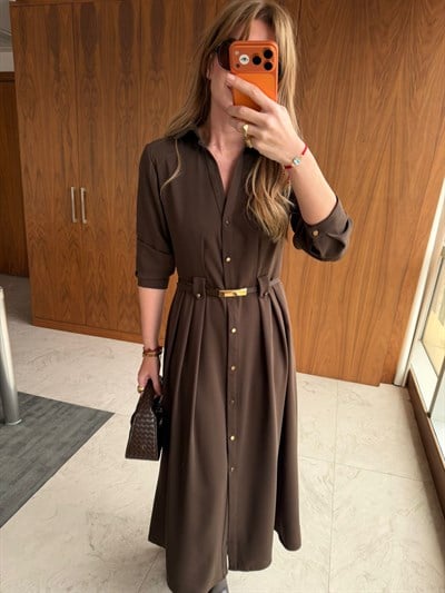 Orijinal Model , Double Krep Kumaş , Kemerli Acıkahve Elbise