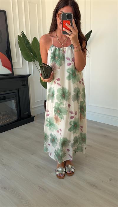 Mint Yeşili Pastel Çiçek Desenli , İnce İp Askılı , Premium Elbise
