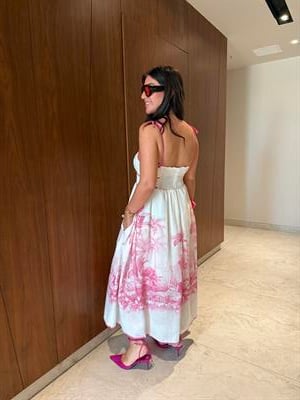 Pembe Biyeli , Pembe Desenli , Omuz Baglamalı , Tasarım Elbise