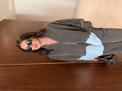 Poplin Detaylı , Önden Fermuarlı , Koyu Vizon Triko Takım