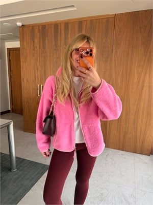 Önden Fermuarlı Dik Yaka Pembe Teddy Mont
