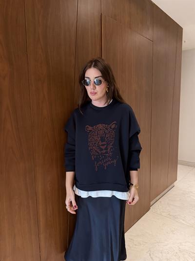 T-shirt Detaylı , Leopar Desenli , Lacivert Sweatshirt