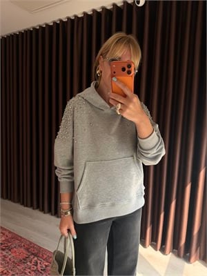 Taş İşlemeli Gri Sweatshirt