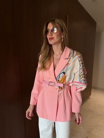Fularlı, Kemerli, Belden Oturtmalı Pembe Premium Ceket