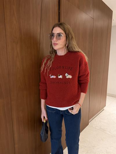 Sevimli Köpek İşlemeli , Yumuşacık Kırmızı Triko