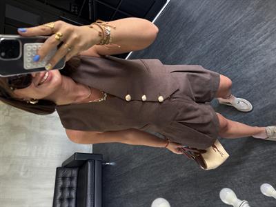 Gold Deniz Kabuğu Düğmeli, Kemerli Acı Kahve Premium Keten Takım