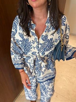Mavi Desenli , Pantolon & Gömlek , Saten Takım