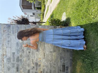 Yağ Yeşili Nakışlı , Askılı Jean Elbise
