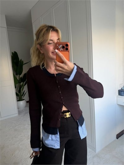 Orijinal Model , Mürdüm , Poplin Detaylı , Önden Düğmeli Triko