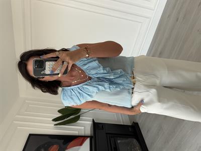 Fırfır Detaylı , Premium Seri , Bebe Mavisi , Kolsuz Bluz