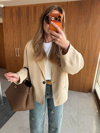 Orijinal Model , Tek Düğmeli , Premium Bej Blazer Ceket