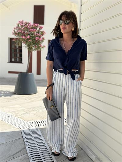 Lacivert Çizgili , Dokulu , Ekru Keten Palazzo Pantolon