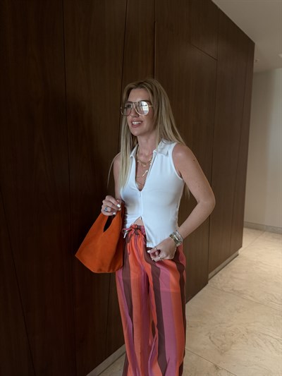 Çift Fermuarlı , Polo Yaka Beyaz Bluz