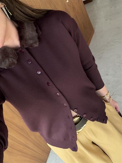 Premium Kalite , Çıkarılabilir Kürk Yakalı , Mürdüm Triko Hırka