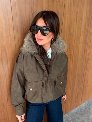 Orijinal Model , Yakası Çıkabilir Kürklü , Kahve Deri Mont