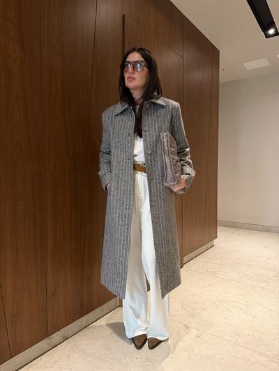 Orijinal Marka , Çizgili , Gri Kaşe Kaban