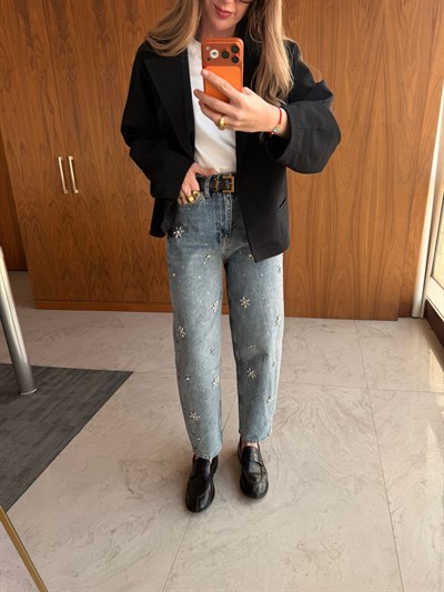 Çiçek Taş İşlemeli , Mom Jean Pantolon