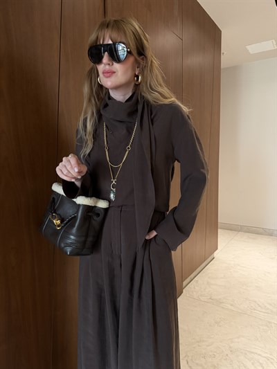 Acıkahve Orijinal Model Fular Yakalı Gömlek & Pantalon Premium Tencel Takım