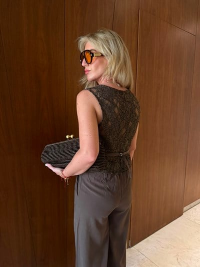 Arkası Güpürlü Yelek & Pantolon , Kahverengi Tencel Takım