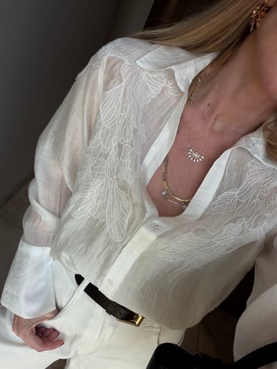 Beyaz Dantel Nakışlı Premium Tencel Gömlek