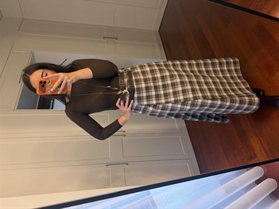 Ekru & Vizon Ekoseli , Çift Deri Kemerli , Premium Etek