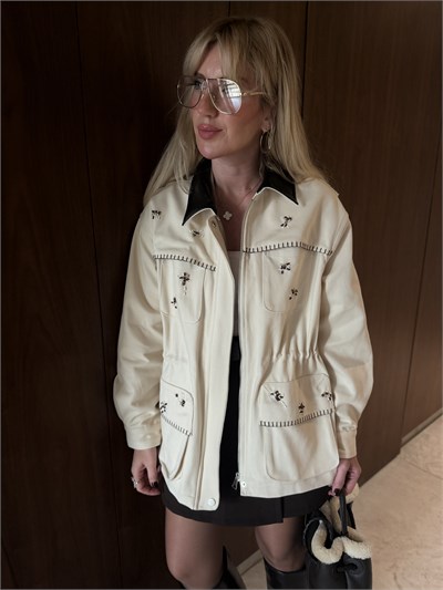 Orijinal Model Taş İşlemeli Deri Yakalı Premium Gabardin Ceket
