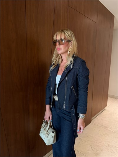 İçi Ekoseli , Premium Kalite , Lacivert , Biker Jean Ceket