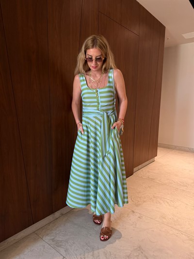 Orijinal Model , Yeşil & Mavi Çizgili , Kuşaklı Elbise