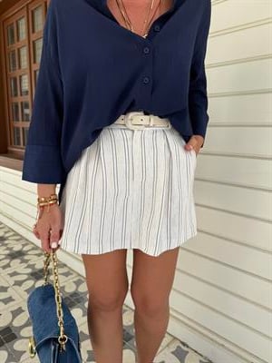 Deri Kemerli , İçi Şortlu , Lacivert Çizgili Etek