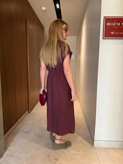 Orijinal Model , Kuşaklı & Cepli , Mürdüm Tencel Elbise
