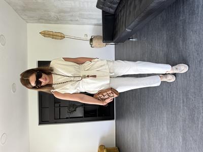 Omzu Burmalı , Bej , Keten , Bluz Takım