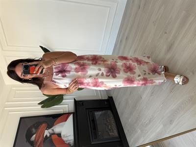 Pembe Pastel Çiçek Desenli , İnce İp Askılı , Premium Elbise