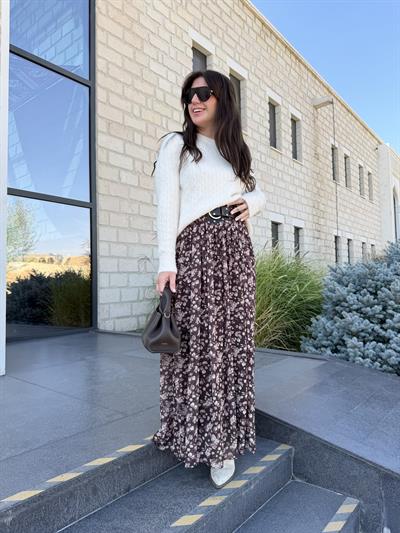 Orijinal Model , Deri Kemerli , Çiçekli , Acıkahve Etek