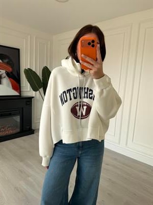 Yakası Fermuarlı , Kapüşonlu , Ekru Sweatshirt