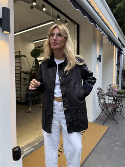 Orijinal Model Kadife Yaka Lacivert Yağlı Dokulu Mont