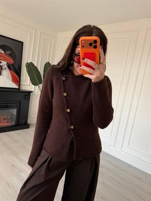 Gold Düğmeli , Kruvaze Tasarım , Acıkahve Triko