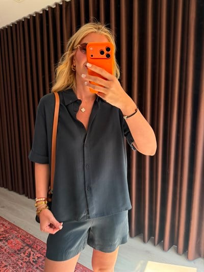 Kısa Kollu , Lacivert Tencel Gömlek