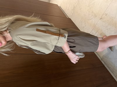 Orijinal Model , Deri Detaylı , Bej & Vizon Garnili Elbise