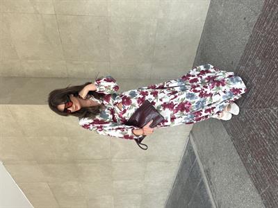 Beli Lastikli , Bordo Çiçek Desenli , Elbise