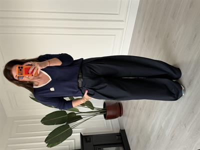Kemerli Lacivert Palazzo Pantalon